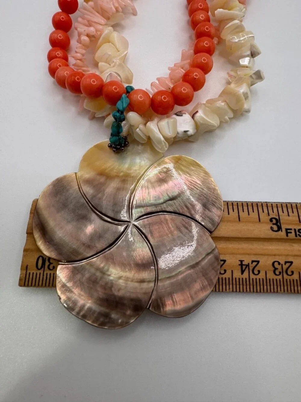 Vintage Coral Bead Multi Strand Necklace 925 Sterling MOP Shell Pendant Chunky - Picture 13 of 14